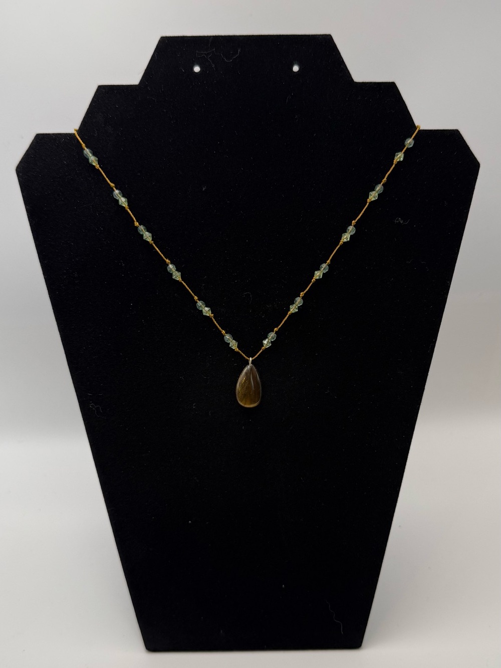 Source Unknown Gold-Tone Necklace with Green Beads and Brown Teardrop
